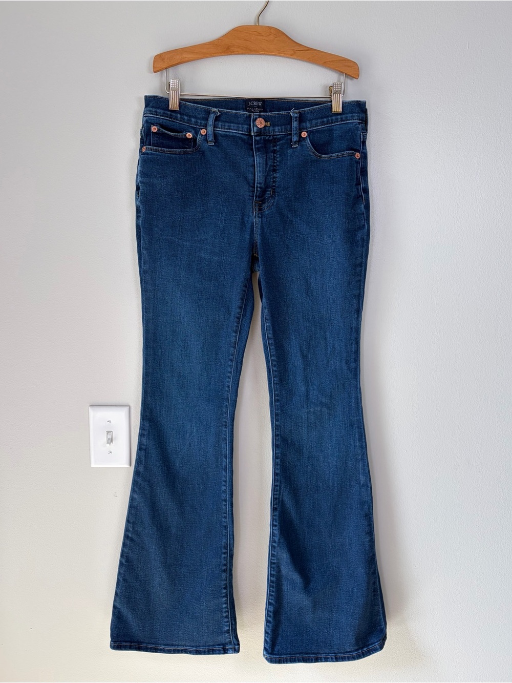 J. Crew Full Length Flare Jeans Stretch Denim Capsule Wardrobe Closet Staples